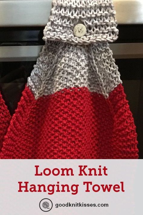 This hanging kitchen towel pattern you can loom knit makes a great gift!  http://www.goodknitkisses.com/loom-knit-hanging-kitchen-towel/  #goodknitkisses #loomknit #loomknitting Loom Knitting For Beginners, Towel Crochet, Knit Loom, Round Loom Knitting, Loom Knitting Tutorial, Knitting Projects Free, Loom Knit Hat, Loom Knitting Stitches, Knitting Amigurumi