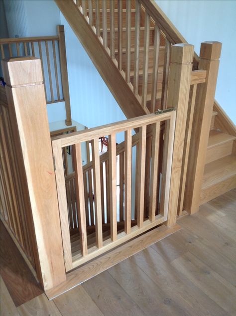 Baby stairs gate made and fitted by Burke joinery in Kildare. Stylish and practical as it was made to match the original oak staircase. Stair Gate Diy, Wooden Baby Gate, Wooden Stair Gate, Staircase Gate, Stairs Gate, Wooden Baby Gates, Best Baby Gates, Dog Gates For Stairs, Baby Gate For Stairs