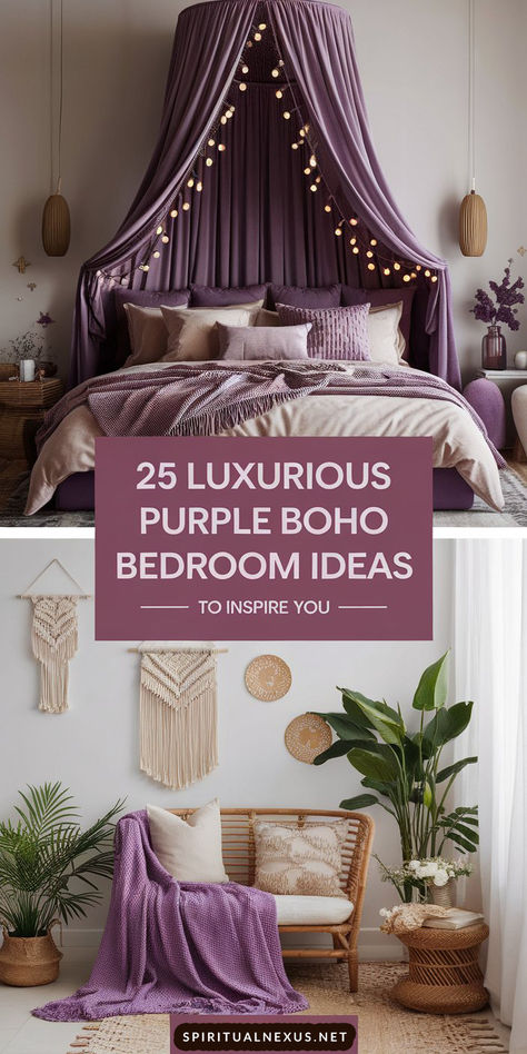 Looking for purple boho bedroom inspiration? Explore 25 stunning ideas that bring together luxury and cozy vibes in a dreamy retreat you'll adore! #BohoStyle #PurpleRoomIdeas #LuxuryHome Purple And Wood Bedroom, Purple Boho Bedroom Ideas, Purple Adult Bedroom, Purple Teenage Bedroom, Purple Comforter Bedroom, Purple Room Ideas For Adults, Dusty Purple Bedroom, Purple And Gold Bedroom Ideas, Pastel Goth Bedroom