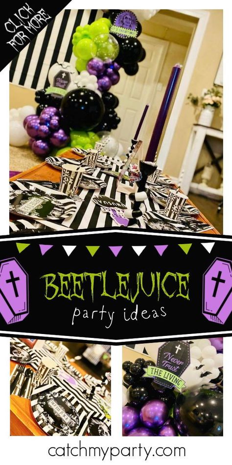 Beetle Juice Movie Night, Beetle Juice Baby Shower Ideas, Beetle Juice Party Ideas, Beetlejuice Dinner Party Food, Beetlejuice Party Food, Beetlejuice Theme Party, Beetlejuice Party Invitation, Beetlejuice Dinner And Movie, Black Snacks