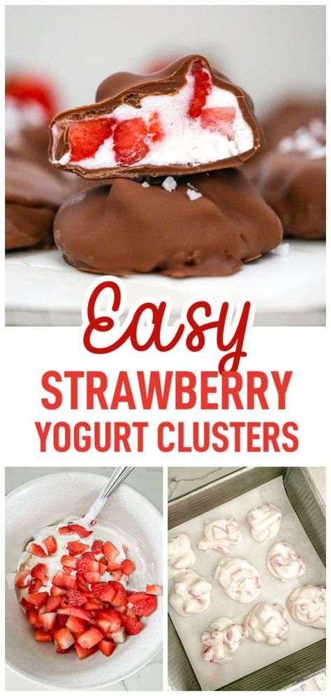 Easy Frozen Strawberry Yogurt Clusters. Imagine biting into a creamy, tangy frozen yogurt cluster bursting with sweet, juicy strawberries. This easy Frozen Strawberry Yogurt Clusters recipe sounds too good to be true, but trust me, these dreamy chocolate covered chocolate treats are real and delicious! Greek Yogurt And Strawberries Recipes, Frozen Fruit Snack Ideas, Frozen Strawberry Recipes Easy, Quick Yummy Snacks, Frozen Strawberries Recipes, Cluster Recipes, Chocolate Covered Strawberry Yogurt, Strawberry Yogurt Clusters, Strawberry Yogurt Bites