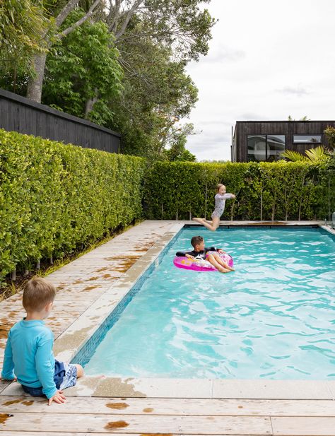 Queensland Backyard Landscaping, Pool And Trampoline Backyard, Spa Pool Ideas Small Backyards, Large Yard With Pool, Small Garden With Pool, Small Modern Pool, Small Yard Pools, Kids In Pool, Soak Pool