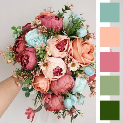 A bouquet of flowers that are shades of peach, coral, ocean blue, and greenery. On the left side of the image is a color palette highlighting the colors of the image. Color Palette For March Wedding, Bright Spring Wedding Colors Colour Palettes, Color Themed Wedding Guests, Spring Theme Color Palette, Summer Colours Wedding, Wedding Pallete Colors Summer, May Outdoor Wedding Colors, Floral Color Combinations, Happy Wedding Colors