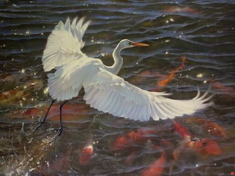 Matthew Hillier Artworks Gallery Great White Egret, Great Egret, White Egret, Animals And Birds, Paper Birds, Herons, Chicken Art, Gold Leaf Painting, Bird Artwork