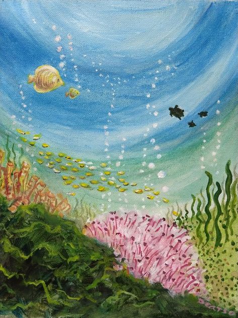 Under Water Painting Ideas, Ocean Scenes Underwater, Underwater Painting Ideas, Under The Water Drawing, Ocean Theme Painting, Underwater Paintings, Undersea Painting, Under Water Art, Sea Scapes Paintings