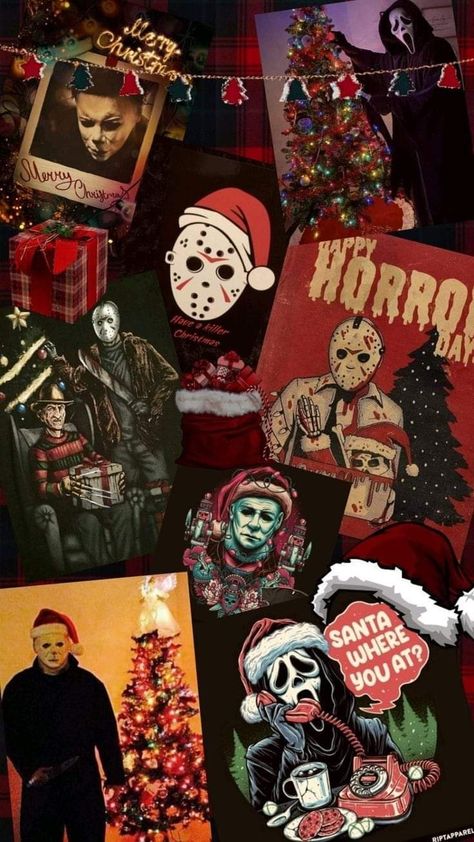 Horror New Years, Terrifier Christmas Wallpaper, Spooky Christmas Aesthetic Wallpaper, Ghost Face Christmas Wallpaper, Spooky Christmas Wallpaper Iphone, Scary Christmas Aesthetic, Horror Christmas Aesthetic, Movie Christmas Aesthetic, Ghostface Christmas Wallpaper