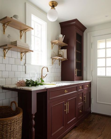 Amy Carman on Instagram Kitchen With Dark Wood Cabinets, Carriage House Kitchen, Schoolhouse Lighting, Kitchen Facelift, Oak House, Park Project, Black Island, Parisian Bistro, Classic Kitchen Design