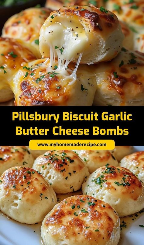 Looking for a fun and cheesy snack? These Pillsbury Biscuit Garlic Butter Cheese Bombs are the answer! Stuffed with gooey cheese and coated in rich garlic butter, they’re perfect for any occasion. Super easy to make, these bite-sized treats are great for parties or movie nights. Your family and friends won't be able to resist! #GarlicButterCheeseBombs #PillsburyBiscuit #CheesySnacks #EasyAppetizers #QuickRecipes #ComfortFood Pillsbury Biscuit Recipes, Garlic Cheese Biscuits, Pilsbury Recipes, Pillsbury Biscuits, Cheesy Snack, Cheesy Biscuit, Pillsbury Recipes, Protein Packed Meals, Bombe Recipe