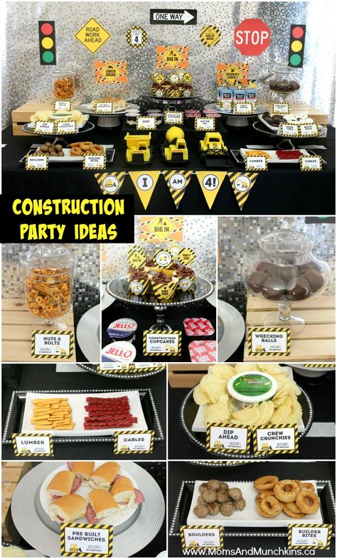 Construction Birthday Party Ideas - adorable birthday party ideas with a complete set of construction party printables that makes planning this theme super easy! Lots of cute ideas for construction party food. Construction Theme Party Food Ideas, Construction Breakfast Party, Construction Birthday Snack Ideas, Construction Bday Party Food, Truck Birthday Party Food Ideas, Food Construction Party, Build Your Own Taco Bar Construction, Construction Site Birthday Party Food, Food Ideas For Construction Birthday