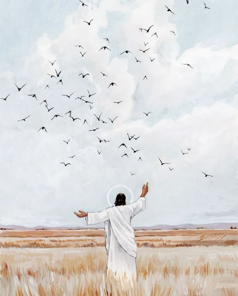 Lds Artwork, Among The Wildflowers, Watercolor And Acrylic, Jesus Drawings, Jesus Artwork, Birds In The Sky, Pictures Of Christ, Lds Art, Jesus Christ Art