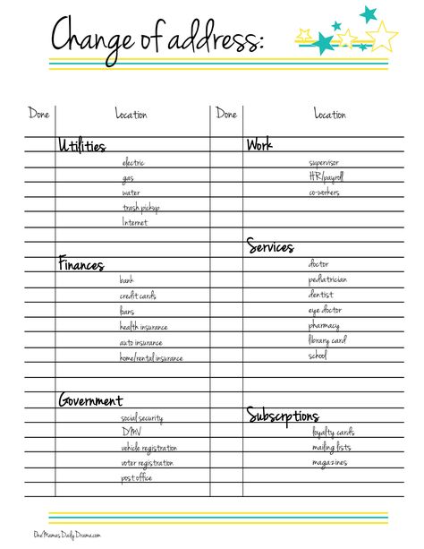 Free printable change of address checklist | One Mama's Daily Drama --- This is a handy list of all the places you need to remember to change your address when you move. Moving Out Aesthetic, Change Of Address Checklist, Moving Timeline, Daily Drama, Moving New House, Moving House Tips, House Buying, Change Of Address Cards, Address Change