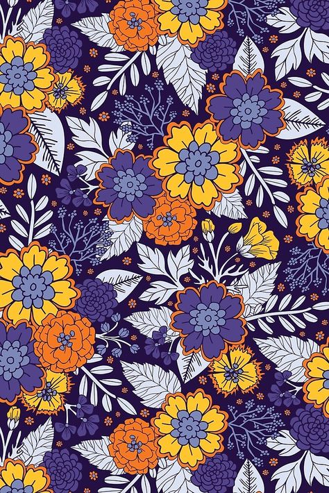 "Purple, Yellow & Orange Flowers/Floral Pattern" by somecallmebeth | Redbubble Purple And Yellow Wallpaper, Purple Yellow Wallpaper, Purple Fabric Pattern, Yellow Orange Flowers, Purple Yellow Orange, Dark Purple Background, Floral Pattern Wallpaper, Pretty Backgrounds, Purple Wallpaper Iphone