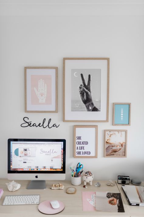 Above Desk Gallery Wall, Office Picture Wall Ideas, Wall Art Above Desk, Office Collage Wall, Above Desk Wall Decor, Office Picture Wall, Desk Gallery Wall, Desk Photo Display, Home Office Gallery Wall