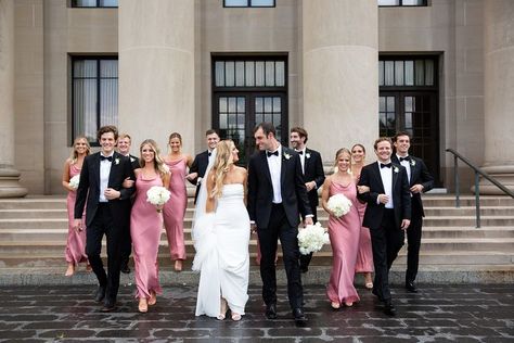 Black Tux Pink Bridesmaid, Pink Bridesmaid Dresses And Black Suits, Men’s Suits Wedding Groom, Baked Rose Bridesmaid Dresses, Black Tuxedo Wedding Groomsmen Bridesmaid Dresses, Black Tux With Light Pink Tie, Pink Black Tie Wedding, Blush Pink And Black Wedding Bridesmaid Dress, Black Pink White Wedding