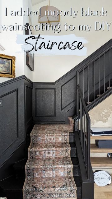 Wood Paneling Staircase Wall, Beadboard Up Stairway, Staircase Chair Rail Ideas, Builder Grade Stair Makeover, Wayne’s Coating Stairs, Stair Railing Update, Black Stair Wall, Wainscoting Up Staircase, Interior Handrail Ideas