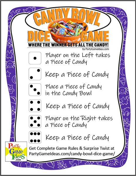 Candy Bowl Dice Game | Party Games for Birthdays, 40th, 50th, Printable Games, more Halloween Games With Candy, Halloween Candy Activities, Halloween Candy Games For Kids, Halloween Prizes Ideas, Candy Dice Game Printable Free, Left Right Center Game With Candy, Halloween Games For Seniors, 5th Grade Halloween Party Ideas, Halloween Candy Games