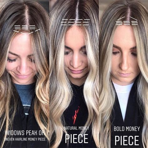 Here’s the tea: Money pieces are MAJOR moneymakers. So if you struggle to adjust your technqiue per client, we're sharing three ways to paint a money piece! Diy Money Piece Hair, Uneven Hairline, Hair Color Placement, Money Piece Hair, Blonde Foils, Money Pieces, Redken Hair Color, Hair Color Formulas, Money Piece