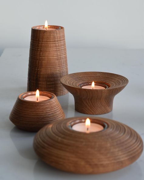 Just in time for those shorter days and longer nights where a little bit of #hygge can make all the difference. New Tealight Holders in Oak with our wheel thrown pottery inspired Linea Finish. Also available in American Walnut and Sycamore. Back to front in the first image Taper, Sensai, Køben and River Stone, all available in limited numbers via pre order in tomorrows Autumn Collection Launch . . . . . . . #nordichome #tealightholder #birdandbranch_turnery_co #productdesign #tealights #or... Wood Turned Candle Holders, Turned Candle Holders, Turned Candlesticks, Bird Branch, Turning Wood, Wooden Tableware, Candle Projects, Gold Home Decor, Wheel Thrown Pottery