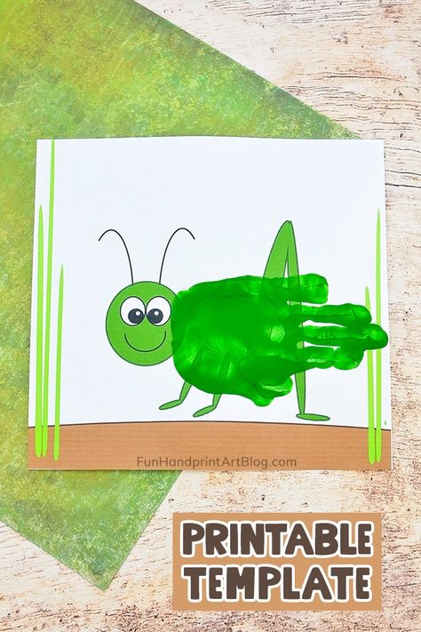 Printable Handprint Grasshopper Craft - Fun Handprint Art Handprint Insect Crafts, Grass Hopper Craft Preschool, Grasshopper Handprint Art, Hopping Critters Preschool Activities, Insects Theme Preschool Art, Insect Handprint Craft, Handprint Insects, Grasshopper Crafts For Toddlers, Preschool Grasshopper Craft