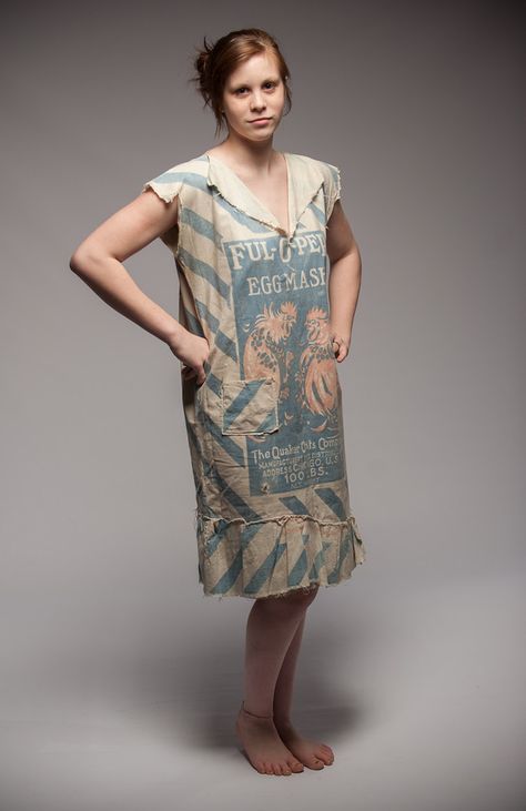 Literal sack dress, 1920s. Sarara Vintage, Shary Connella photograph. Burlap Sack Dress, Flour Sack Dress, Feed Sack Dress, Sack Dresses, Potato Sack, Bad Dresses, Silver Cocktail Dress, Sack Dress, Vestidos Retro