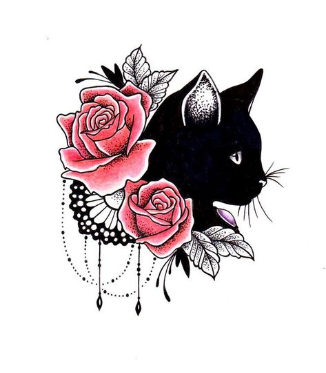 Kunst Tattoos, Black Cat Tattoos, Cat Tattoo Designs, Print Outs, Söt Katt, Trendy Tattoos, Mandala Tattoo, Rose Tattoos, Animal Tattoos