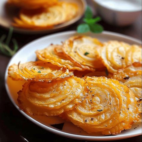 Onion Cheddar Chips - Recipes, Tasks & Tools Onion Cheddar Chips, Cheese Onion Rings, Cheesy Dishes, Onion Dishes, Onion Crisps, Hors Devours Appetizers, Vidalia Onion Recipes, Cheddar Chips, Stuffed Onions