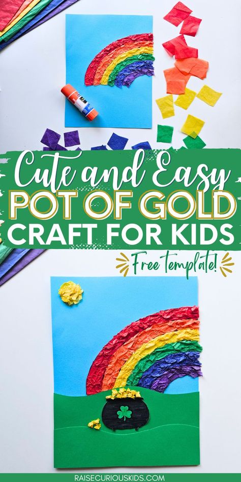 Pot of Gold Craft for Kids - Raise Curious Kids Easy Kindergarten Crafts, Pot Of Gold Craft, Leprechaun Craft, Tissue Paper Craft, Green Tissue Paper, Gold Tissue Paper, Pipe Cleaner Crafts, Curious Kids, Fun Crafts To Do