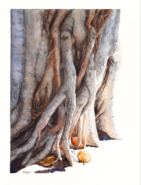 I painted this watercolor in response to the devestating fires that utterly destroyed Lahaina Town, Maui. This is a very small part of the exquisite, iconic banyan tree that takes up an entire city block at the harbor in the middle of the town. Though the tree has survived, it’s sustained a great deal of damage. Time will tell how much of it returns to its full glory. Banyan Tree Painting, Hopper Paintings, Figure Sketches, Time Will Tell, Human Figure Sketches, City Block, Banyan Tree, Figure Sketching, Sketchbook Pages