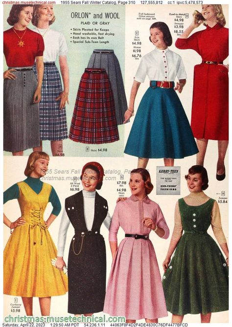 1955 Sears Fall Winter Catalog, Page 310 - Catalogs & Wishbooks 1950s Girls Fashion, Fashion 40s, Fashion Decades, Old School Fashion, Vintage Fashion 1950s, Retro Looks, Fifties Fashion, Vintage Autumn, Evolution Of Fashion