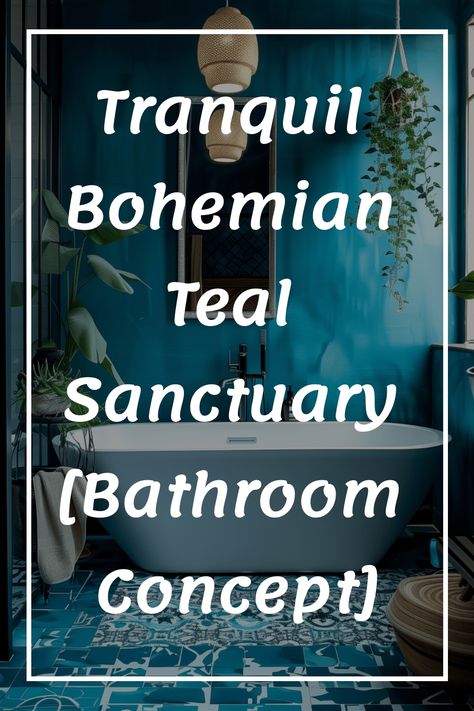 Tranquil, bohemian-style bathroom with teal walls, a white bathtub, and hanging plants. Tropical Bathroom Design, Dark Teal Bathroom, Bohemian Color Scheme, Teal Bathroom Ideas, Teal Bathroom, Tranquil Retreat, Wallpaper Walls Decor, Decorating Styles, Moroccan Tiles