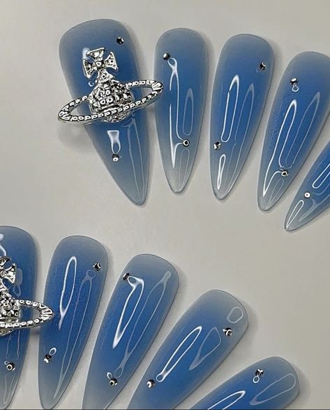 nails by: @pressbyce (on IG) Saturn Charm Nails, Saturno Nails, Saturn Nails, Strass Nails, Zodiac Nails, Baby Blue Nails, Square Acrylic Nails, Dope Nails, Blue Nails