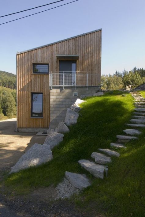 Gallery: Small House On a Hillside by Vladimír Balda House In A Hillside, Building On Hill, Small House On Hillside, Small House On Slope, Small House On A Hill, Small Hillside House Plans, House In Hillside, Building On A Hillside, Buildings Built Into Hillsides