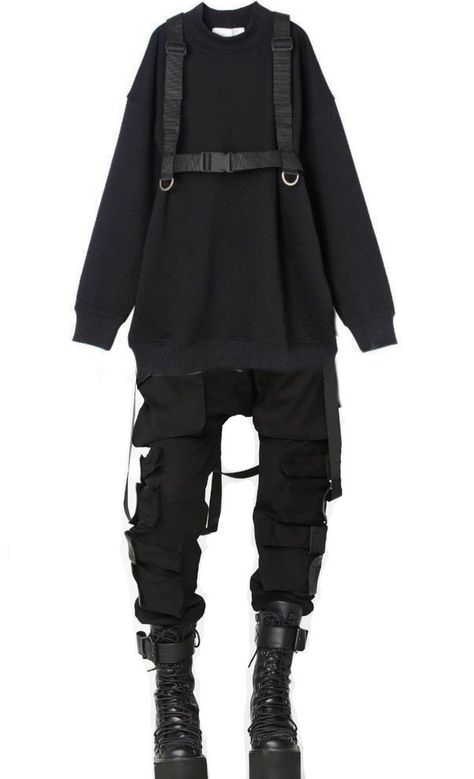 Mech Aesthetic Outfit, Tech Wear Accessories, Warcore Outfits Girl, Militarycore Outfits, Gothic Casual Outfits, Tech Wear Outfit, Gothic Techwear, Tomboy Goth, Nonbinary Clothes