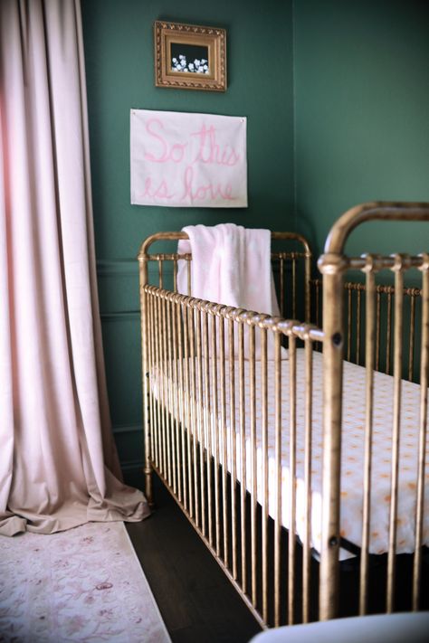 vintage style gold crib in nursery, green and pink nursery, gold and green Green Nursery Gold Crib, Green Pink Gold Nursery, Nursery Gold Crib, Green And Gold Nursery, Crib In Nursery, Gold Crib Nursery, Greek Nursery, Green And Pink Nursery, Pink Toddler Rooms