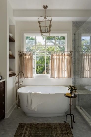 Carley Page Interiors, Bathtub Tile Surround, Bathtub Shower Combo, Bathtub Decor, Bathtub Remodel, Bathroom Windows, Bathroom Reno, Cafe Curtains, Dream Bathrooms