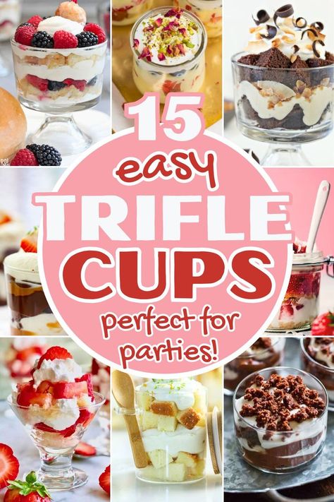 collage of individual trifles with text easy trifle cups for parties. Easy Trifle Desserts, Individual Trifle, Desserts In A Cup, Mini Trifle Desserts, Gourmet Picnic, Easy Trifle, Mini Trifle, Picnic With Friends, Impressive Desserts