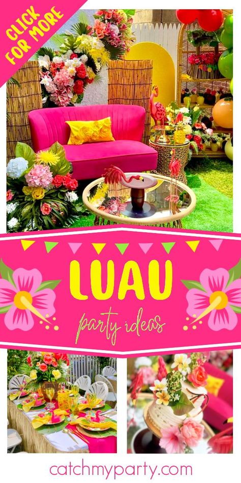 Check out this fabulous summer luau! Love the table settings! See more party ideas and share yours at CatchMyParty.com Luau Table Setting, Luau Gala, Luau Dessert Table, Hawaiian Candy, Luau Table, Tropical Party Foods, Hawaiian Luau Birthday Party, Luau Party Ideas, Ice Cream Party Favors