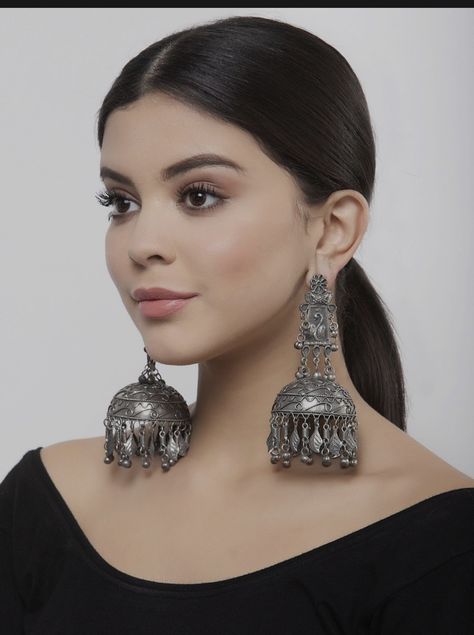 Heavy Oxidised Earrings, Silver Oxidised Jhumka, Oxidised Earrings Jhumkas, Oxidized Jewellery On Saree, Jhumkas Oxidised, Oxidised Jewellery Earrings, Heavy Jhumka, Silver Jhumka Earrings, Oxidised Jhumka