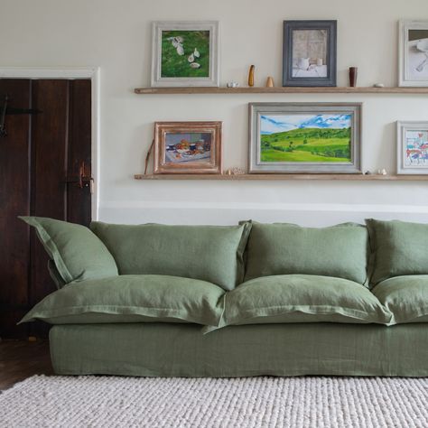 The 100 per cent linen removable and washable covers on Maker & Son’s Song Large sofa make this supremely comfy seat more convenient to clean. Shown in Malachite green, £7,245, makerandson.com Maker And Sons Sofa, Linen Sofa Living Room Ideas, Maker And Son Sofa, Maker And Son, Dream Couch, Vintage Couch, Minimalist Sofa, Unique Sofas, Stone Barns