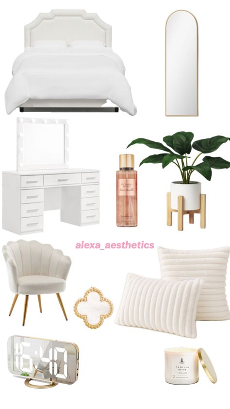 vanilla room inspo! day 4/10! if you post my photo, give credit please! Aesthetic Room Ideas For Teen, Vanila Gril Room, White Cute Room, White Gold Bedroom Ideas, Vanilla Bedroom, Small Vanity Ideas Bedroom, Boardwalk Theme, White Gold Bedroom, Vanilla Room