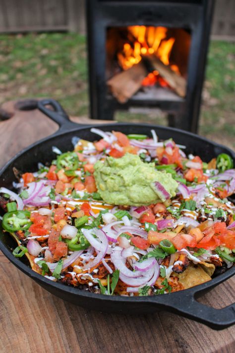 Loaded Huevos Rancheros Nachos - Over The Fire Cooking Recipes For Drumsticks, Chicken Asado Recipe, Chicken And Eggs, Over The Fire Cooking, Grilled Buffalo Chicken, Campfire Recipes, Wings Chicken, Corn Salsa Recipe, Fire Chicken