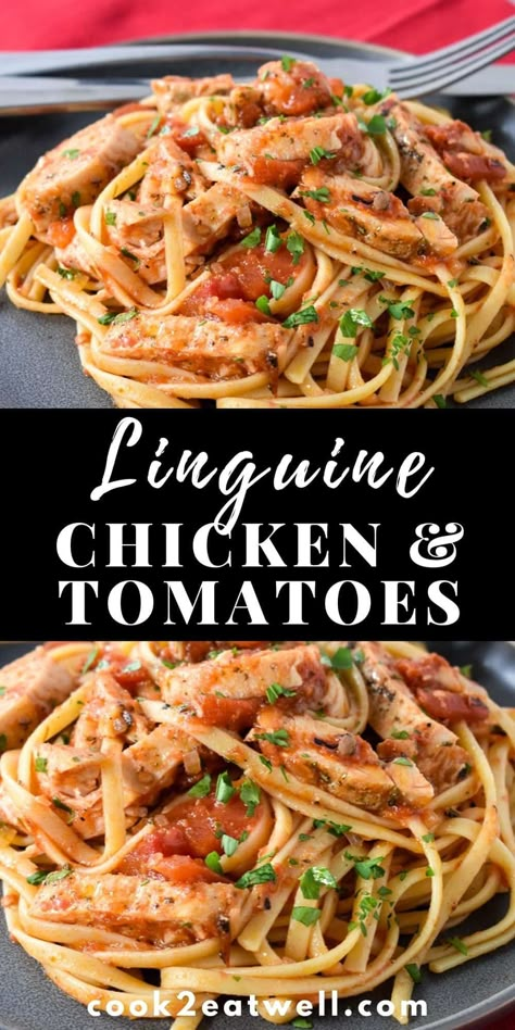 Recipes Using Linguine Noodles, Linguine Recipes Chicken, Linguine Recipes Easy, Pasta Recipes Linguine, Chicken Tomato Pasta, Chicken And Tomatoes, Chicken Recipes With Tomatoes, Chicken Breast Pasta, Chicken Linguine