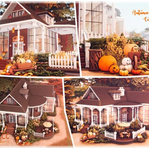 Sims 4 Autumn | Fall Pumpkin Cottage for a family. Lot size: 20/20 No Custom Content was used (NoCC). Download at @thesimsresource . Creation by @Moniamay72. #TS4 #ts4lots #tsr #TheSims #sims4 #thesims4 #Moniamay72 #thesims4lots #cottage #nocc #TSR #autumn #fall #halloween #TheSimsResource Country Fall House Decor Sims 4 Cc, Autumn House Sims 4, Sims 4 Halloween House, Ts4 Fall Cc, Sims 4 Autumn Loading Screen, Sims 4 Cc Fall Decor Patreon, Sims 4 Cc Autumn Decor, Sims 4 Fall House, Sims 4 Fall Decor Cc