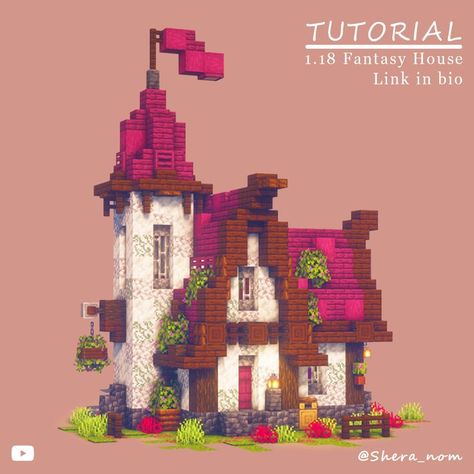 Crimson Wood Minecraft, Mystical Houses Minecraft, Minecraft House Crimson Wood, Minecraft Vineyard House, Tiny Castle Minecraft, Minecraft Tower Ideas Cottagecore, Mythical Minecraft House, Fantasy House Minecraft Tutorial, Minecraft Cottage House Tutorial