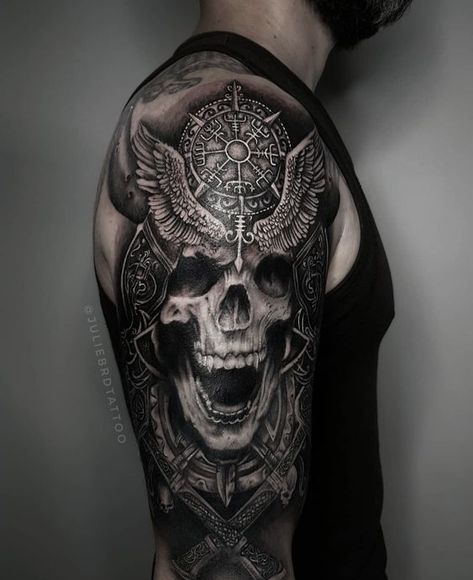 Dark Half Sleeve Tattoo For Men, Viking Tattoos Shoulder, Odin Skull Tattoo, Viking Designs Tattoo, Viking Skeleton Tattoo, Celtic Skull Tattoo, Skull Shoulder Tattoo Men, Viking Shoulder Tattoo Men, Viking Skull Tattoo Design