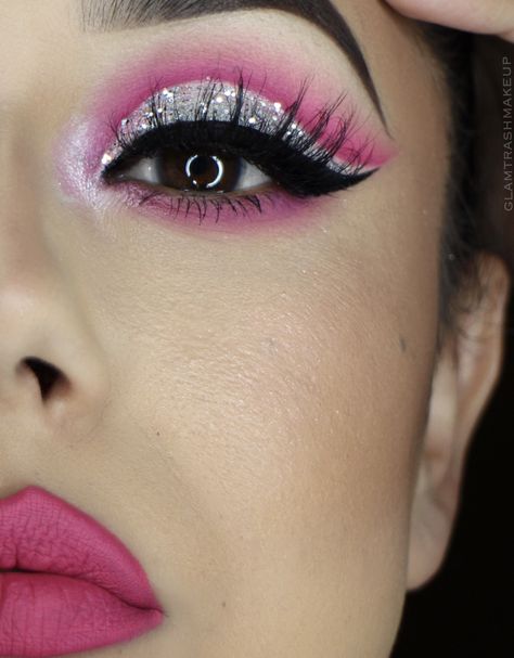 Hot Pink And Silver Makeup, Hot Pink Makeup Ideas, Pink Dance Competition Makeup, Silver And Pink Makeup, Pink And Silver Eyeshadow Looks, Fuschia Makeup Looks, Hot Pink Eye Shadow Look, Hot Pink Glam Makeup, Hot Pink Eyeshadow Looks Simple