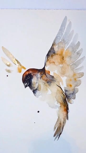 Watercolor Bird Flying, Birds Watercolor Paintings, Bird Wings Drawing, Watercolor Birds Paintings, Watercolor Art Animals, Watercolor Sparrow, Bird Drawing Easy, Wings Watercolor, Watercolor Birds Tutorial