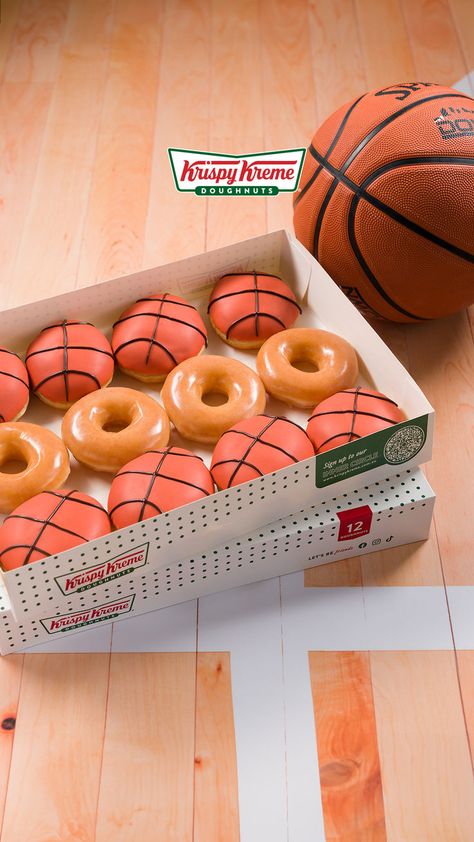 Krispy Kreme basketball sports doughnuts Orange Icing, Krispy Kreme Doughnut, Glazed Doughnuts, Custard Filling, Basketball Design, Krispy Kreme, A Basketball, Crowd Pleaser, Slam Dunk