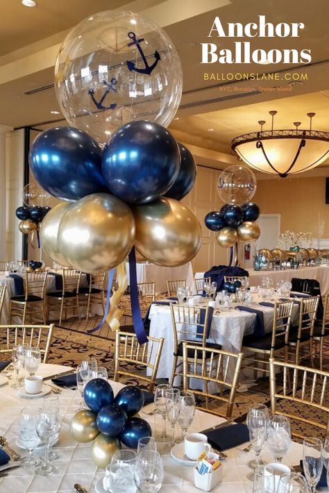 Nautical Theme Balloon Garland, Nautical Balloon Decor, Blue And Gold Balloon Centerpiece, Nautical Party Balloons, Blue Gold Silver White Balloons, Dark Blue And Gold Balloons, Yacht Party Theme, Anchor Balloon, Blue Party Themes