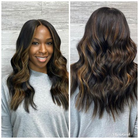 Traditional Sew In With Leave Out Highlights, Ombre Hair Color For Dark Skin Tone, Sew In Beach Waves, Lob Sew In Weave, Green Fall Outfits For Women, Dark Skin Highlights Hair, Traditional Sew In With Highlights, Wavy Sew In Weave, Black Hair Balayage Straight